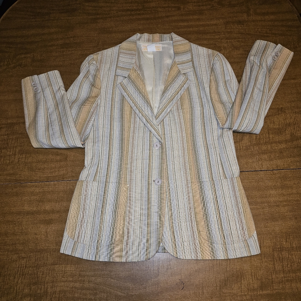 Vintage Women's Career C G Guild Blazer Striped Jacket 10 Med Lrg Brown Tan USA